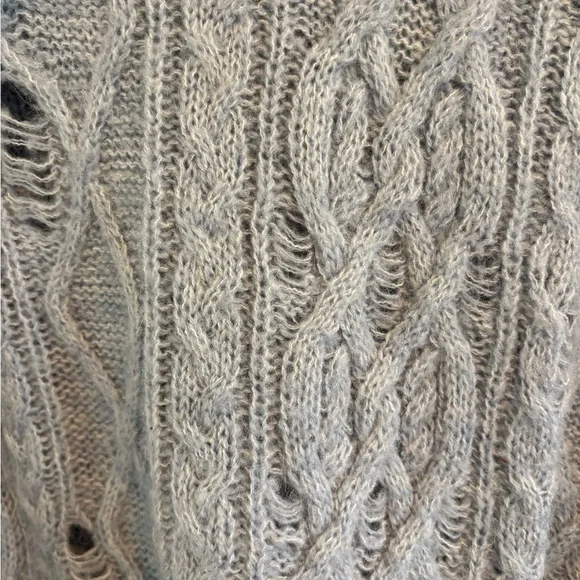Free People Complex Distressed Light Grey Blue Cable Turtleneck Sweater Sz S - Picture 8 of 9